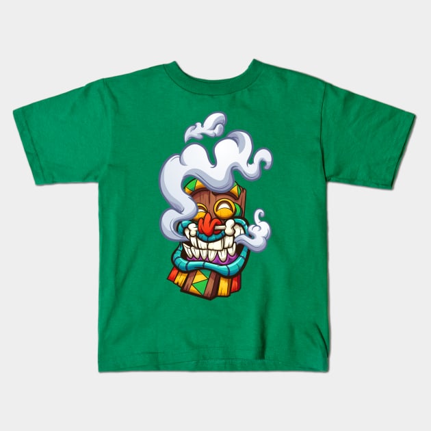 Smoking Tiki Mask Kids T-Shirt by memoangeles